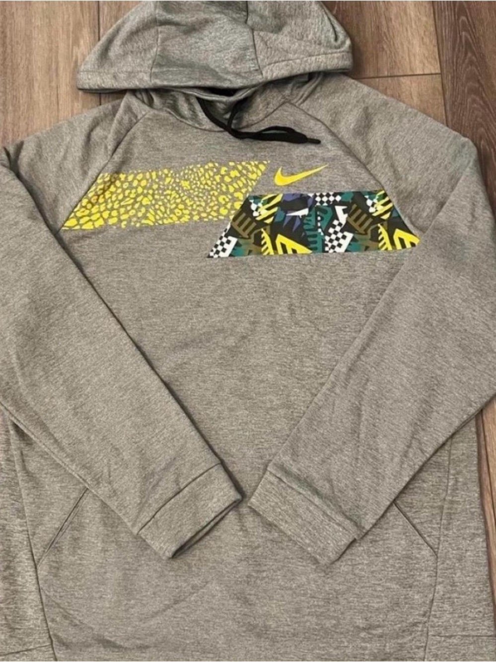 Nike Gray Hooded Sweatshirt with Yellow Graphic Panels